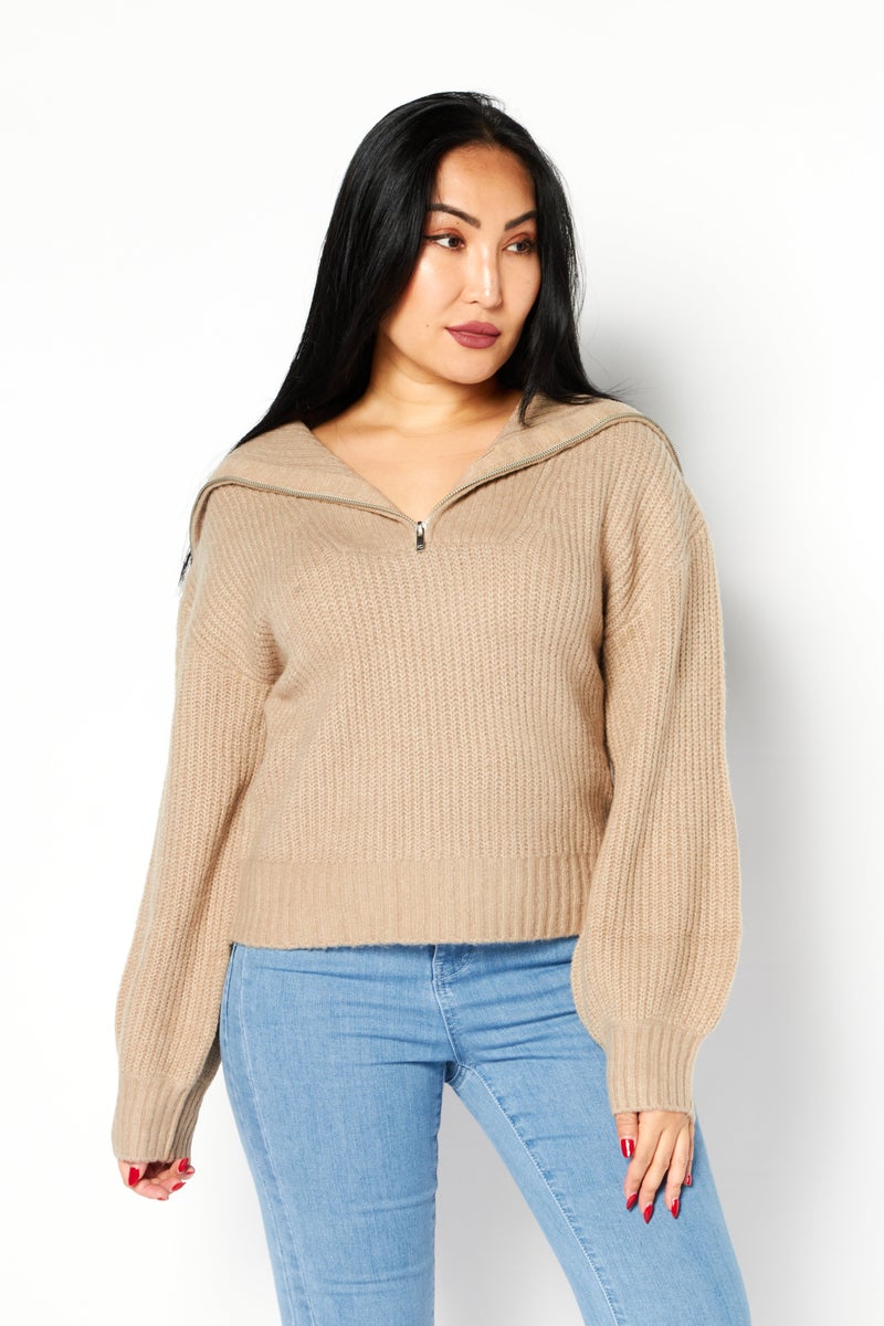 Women V-Neck Knitted Sweater, Heather Camel