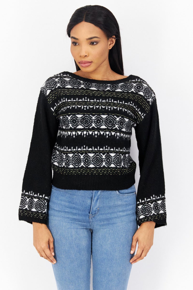 Women Boat Neck Long Sleeve Allover Print Sweater, Black Combo