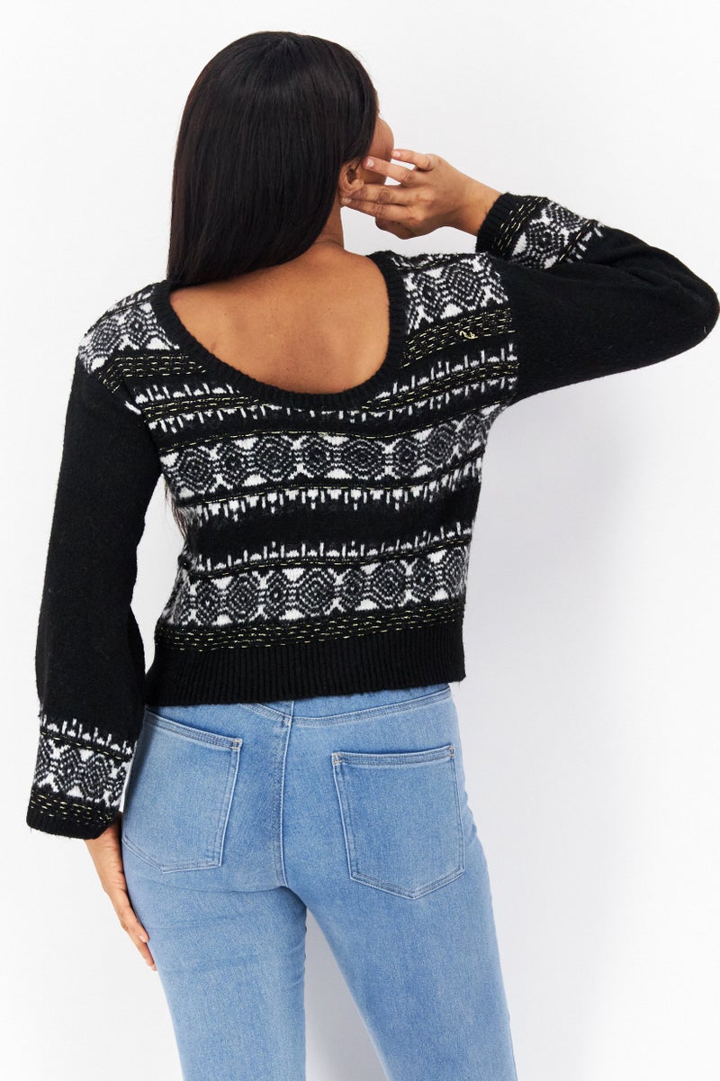 Women Boat Neck Long Sleeve Allover Print Sweater, Black Combo