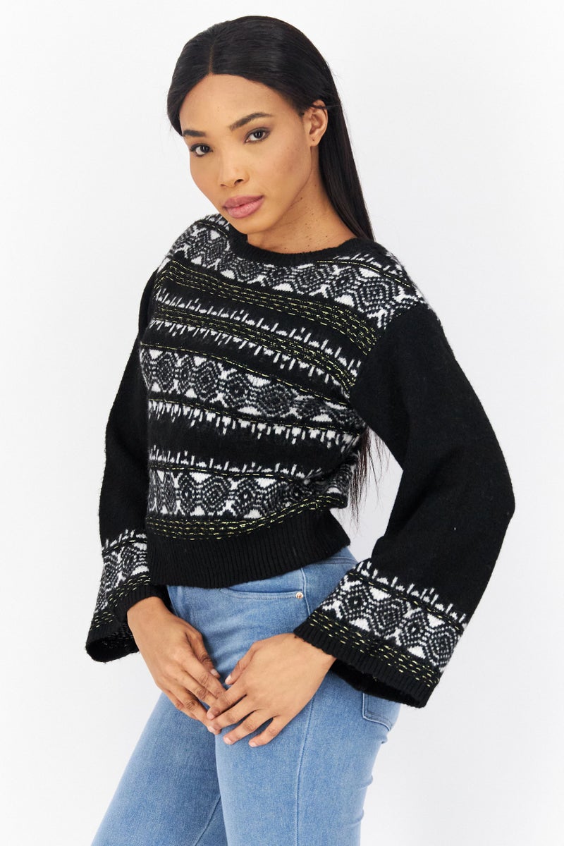 Women Boat Neck Long Sleeve Allover Print Sweater, Black Combo