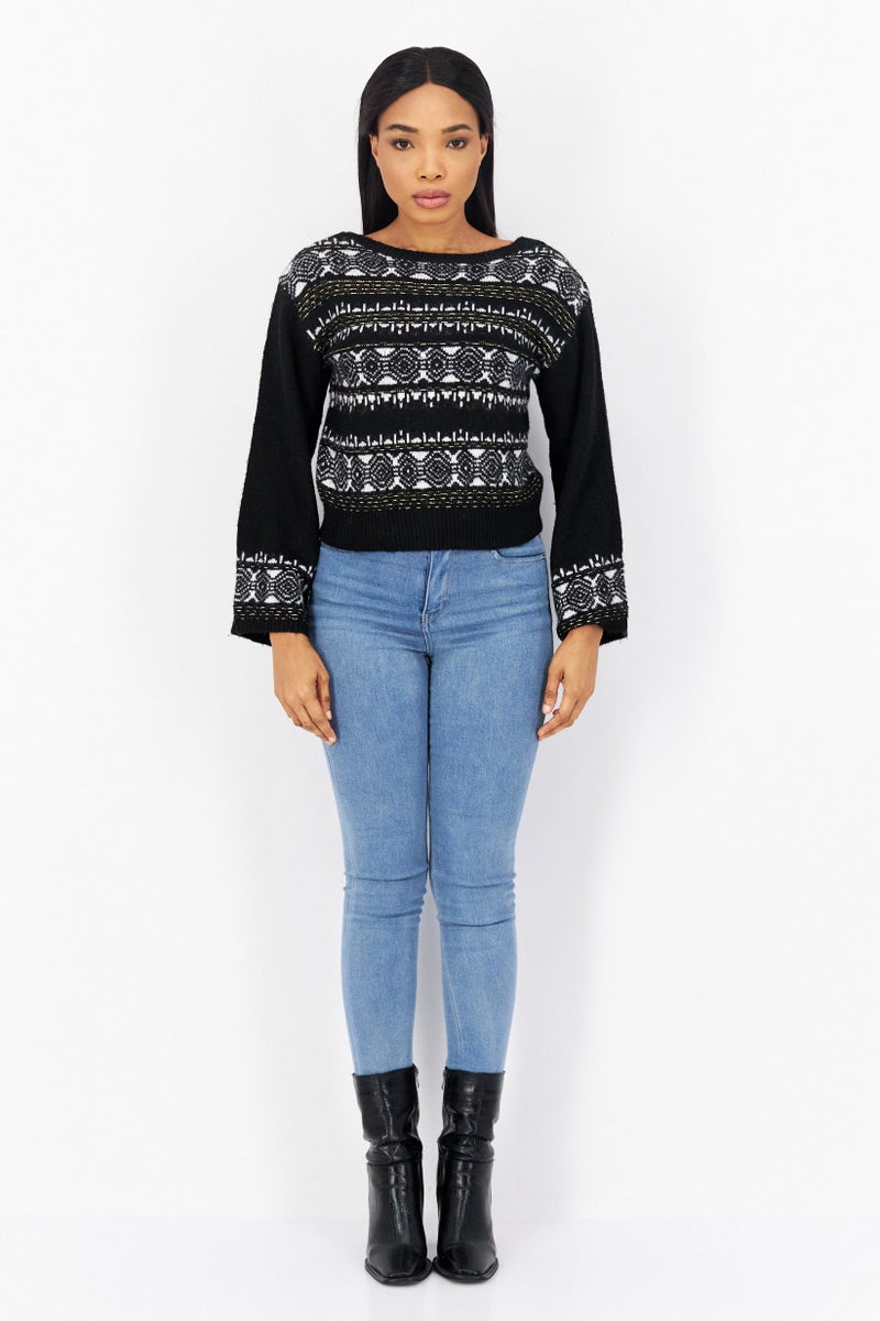 Women Boat Neck Long Sleeve Allover Print Sweater, Black Combo