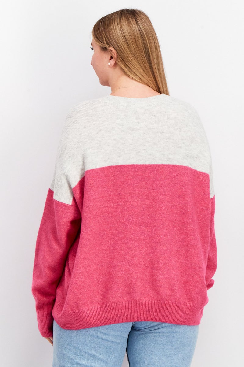 Women Crew Neck Heather Sweaters, White/Pink