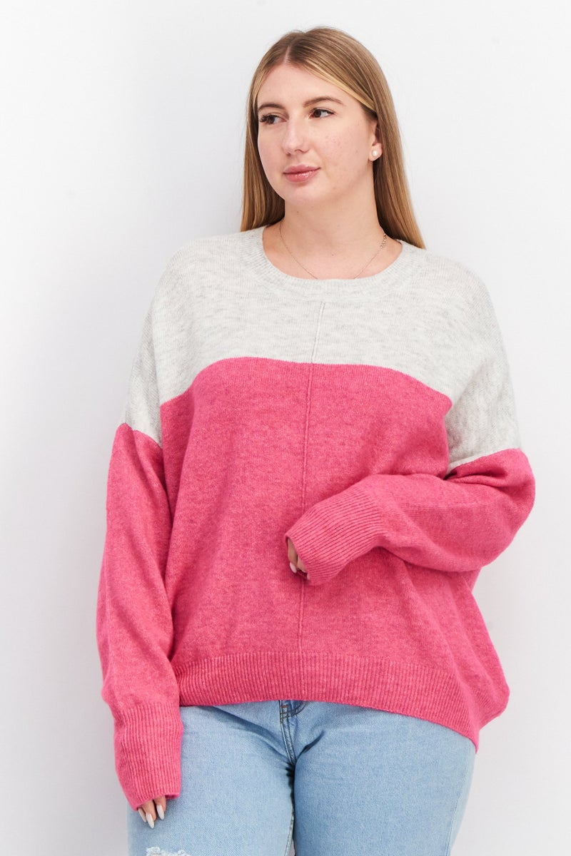 Women Crew Neck Heather Sweaters, White/Pink