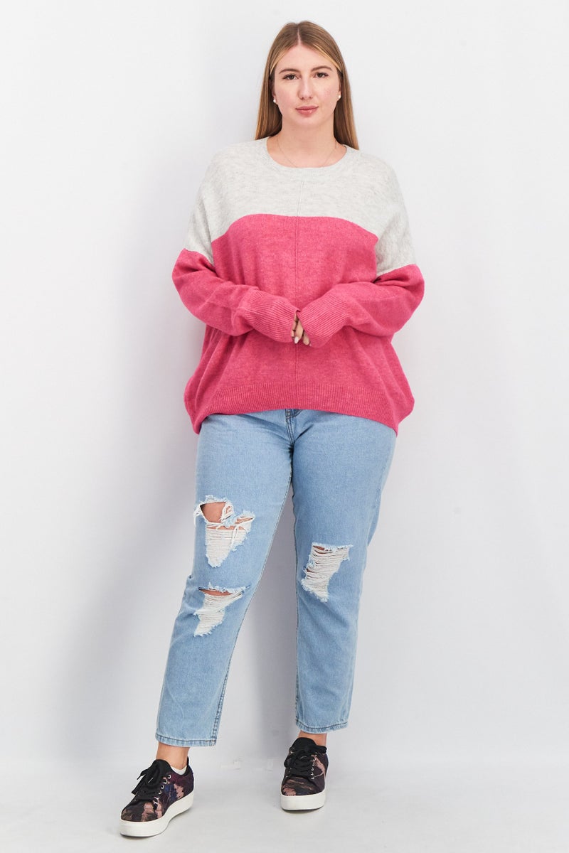 Women Crew Neck Heather Sweaters, White/Pink