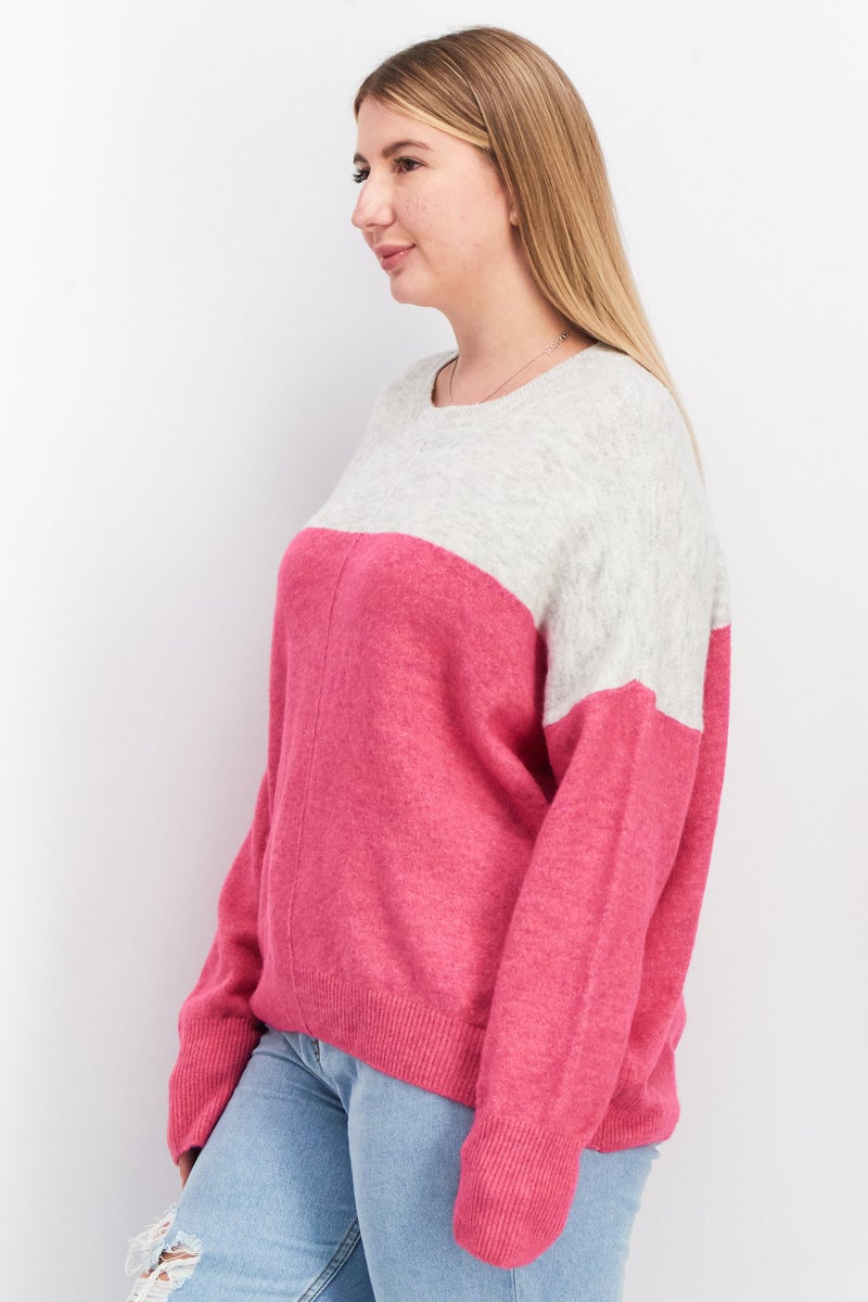 Women Crew Neck Heather Sweaters, White/Pink