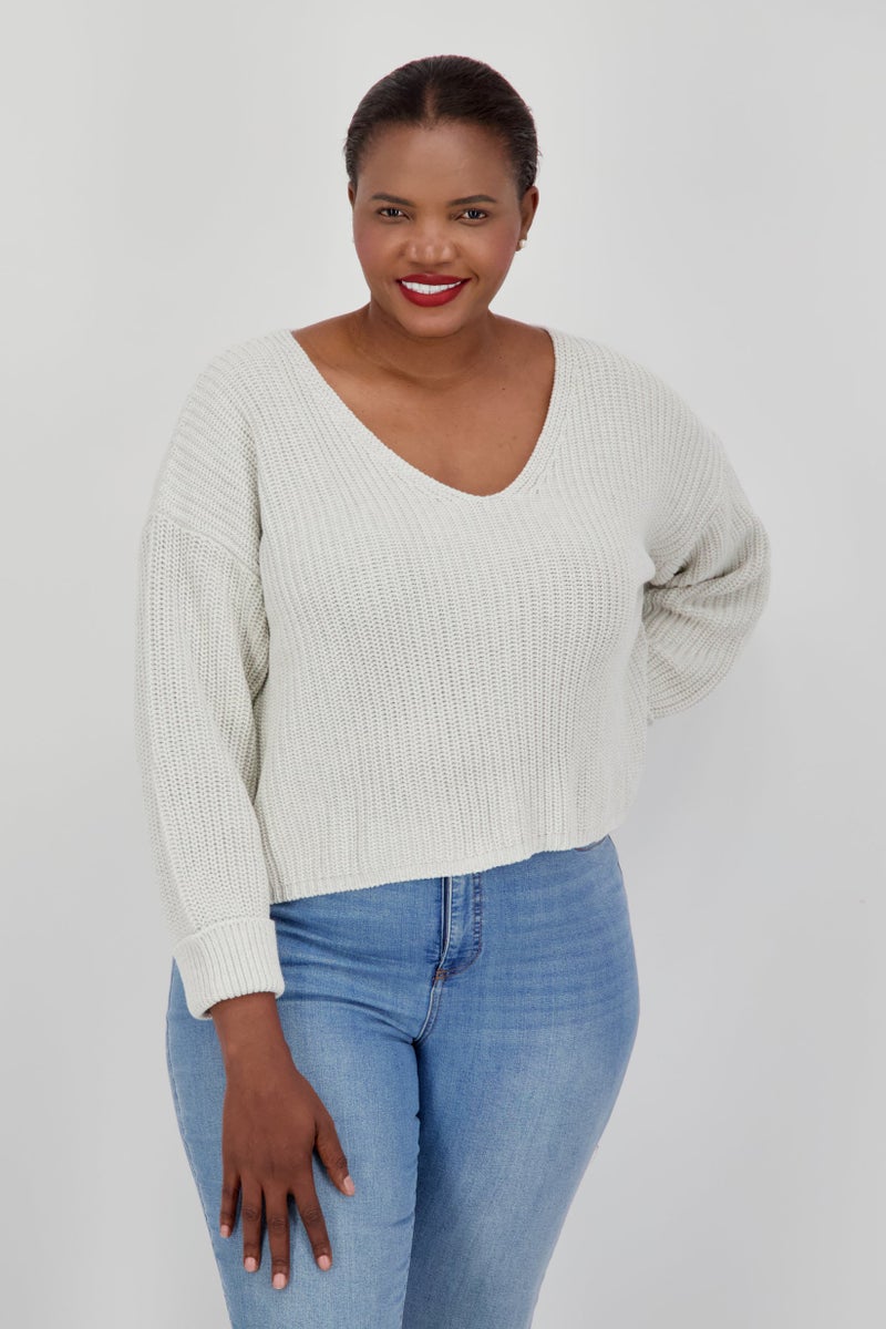 Women Plus Size V-Neck Knitted Crop  sweater , Light Grey