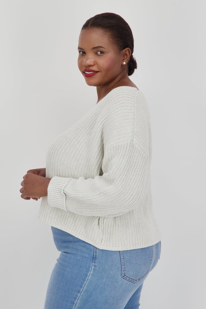 Women Plus Size V-Neck Knitted Crop  sweater , Light Grey