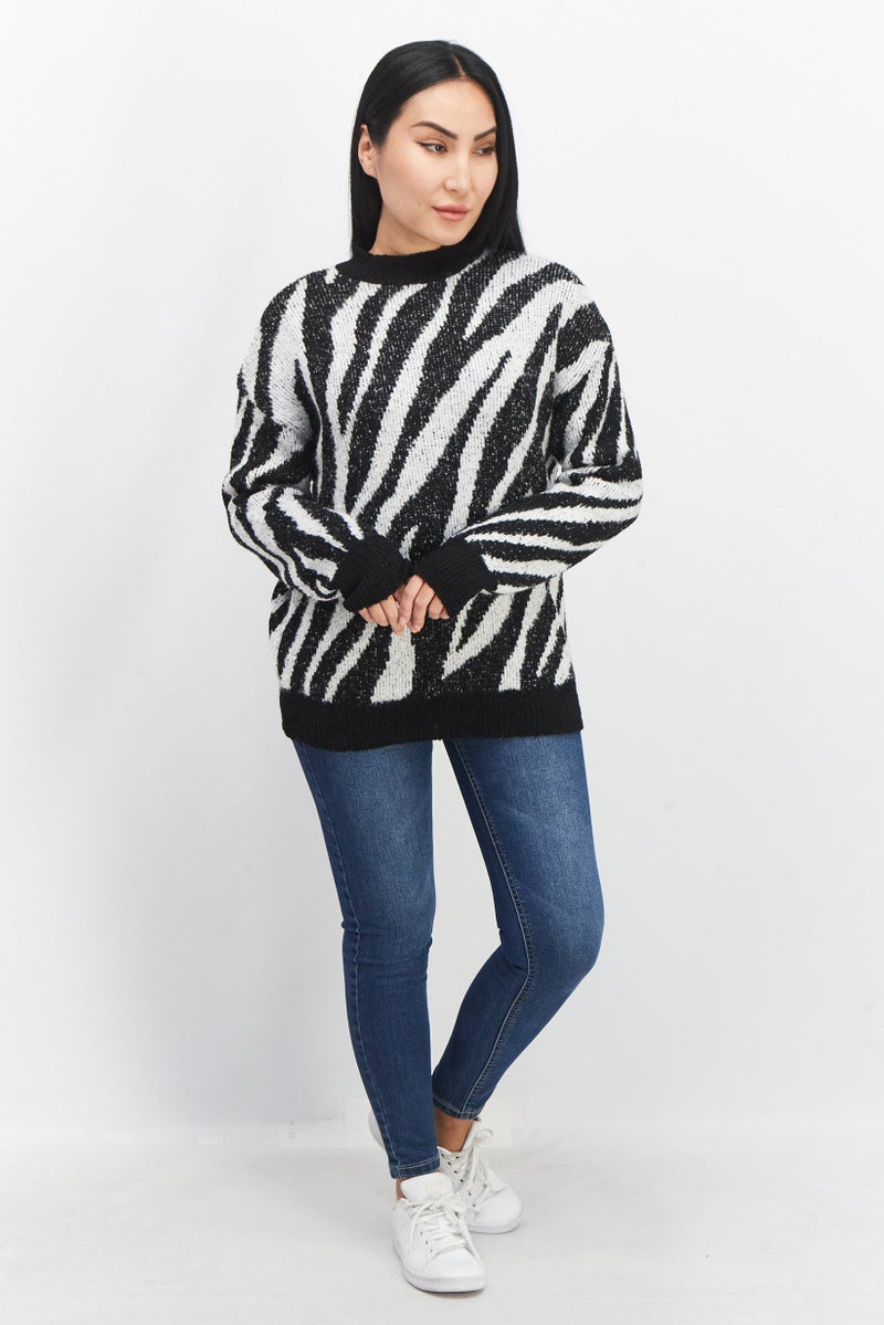 Women Crew Neck Jacquard Knitted Sweater, Black/White