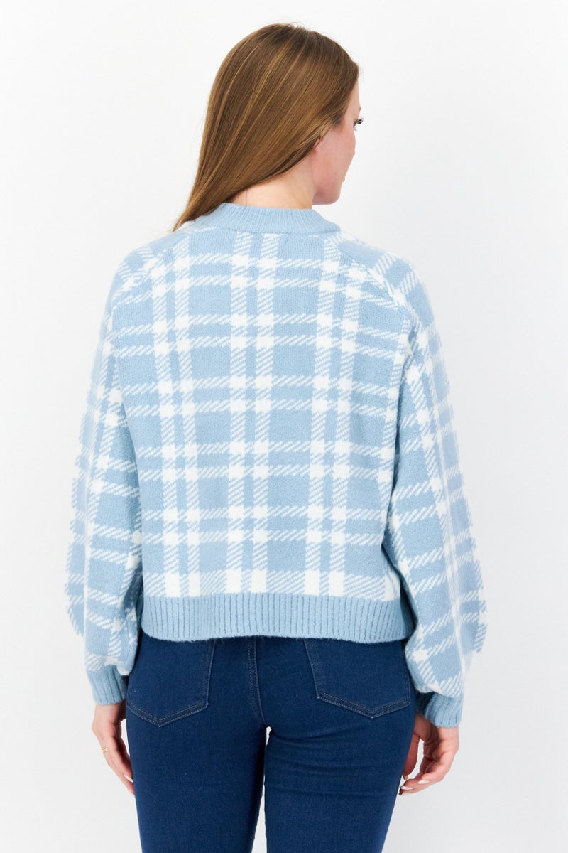 Women Textured Long Sleeve Sweater, Blue/White