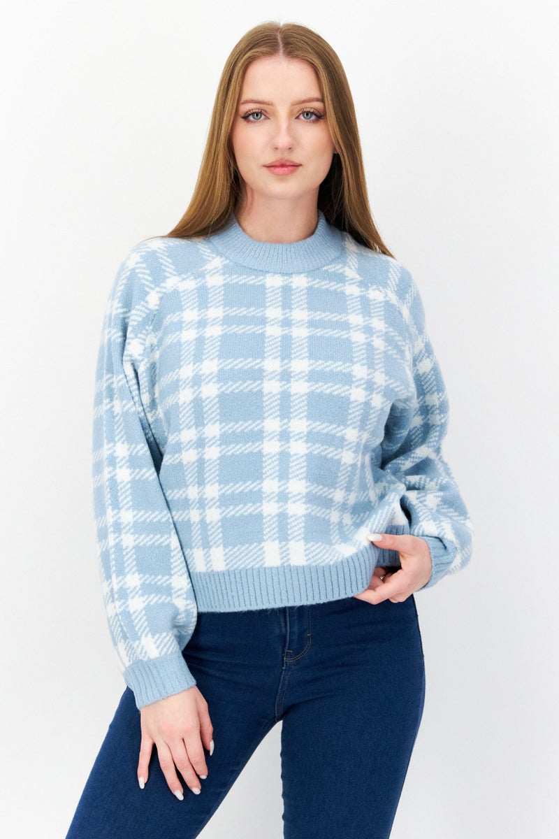 Women Textured Long Sleeve Sweater, Blue/White