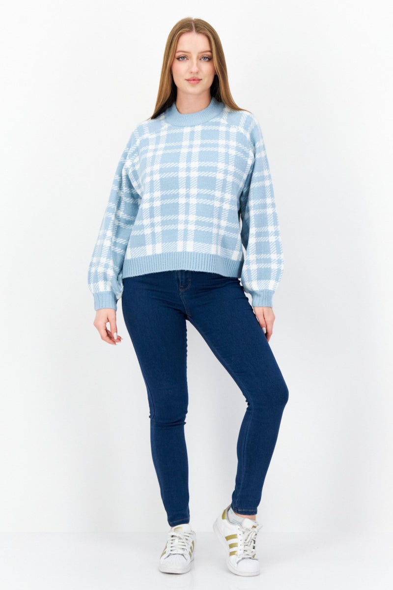 Women Textured Long Sleeve Sweater, Blue/White