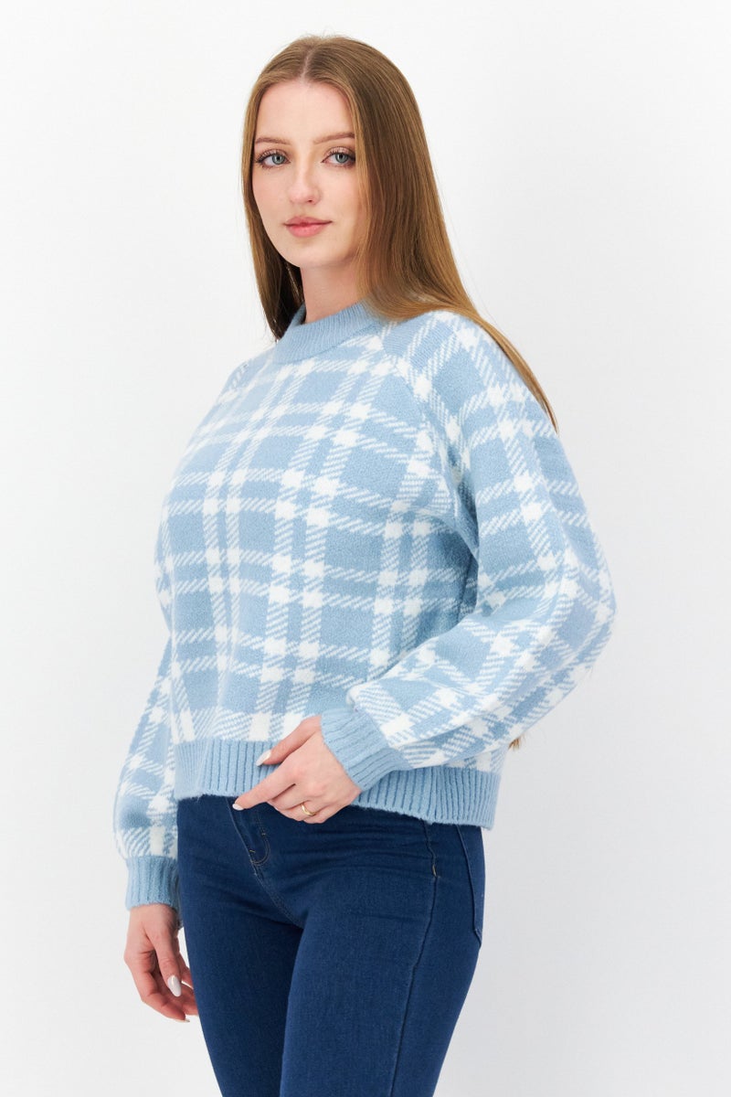 Women Textured Long Sleeve Sweater, Blue/White