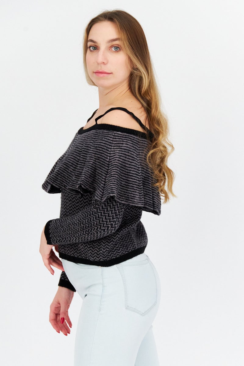 Women Round Neck Long Sleeve Stripe Sweater, Black/Grey