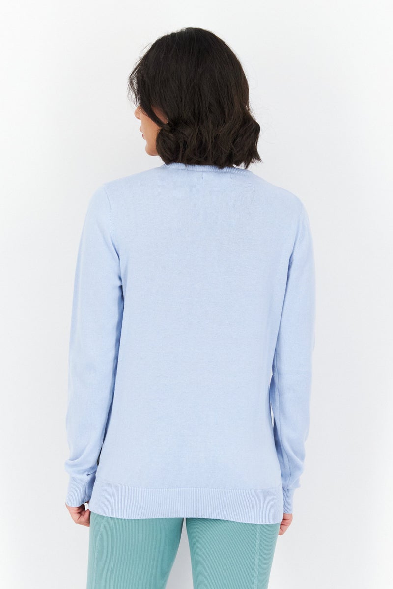 Women Crew Neck Plain Long Sleeves Sweater, Blue