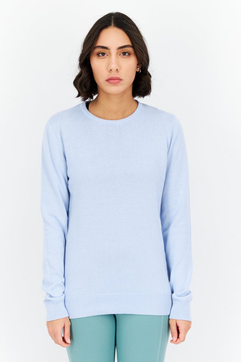 Women Crew Neck Plain Long Sleeves Sweater, Blue
