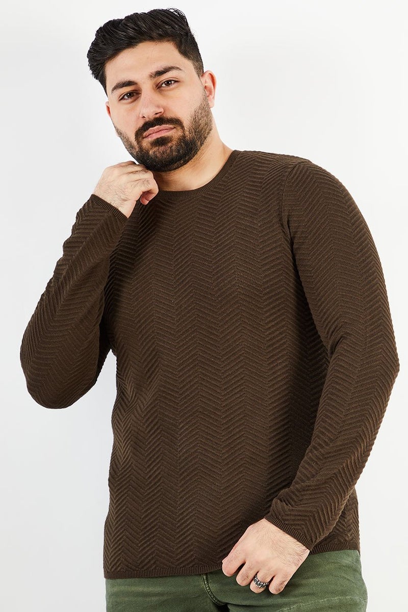 Men Crew Neck Long Sleeve Textured Sweater, Dark Khaki Brown