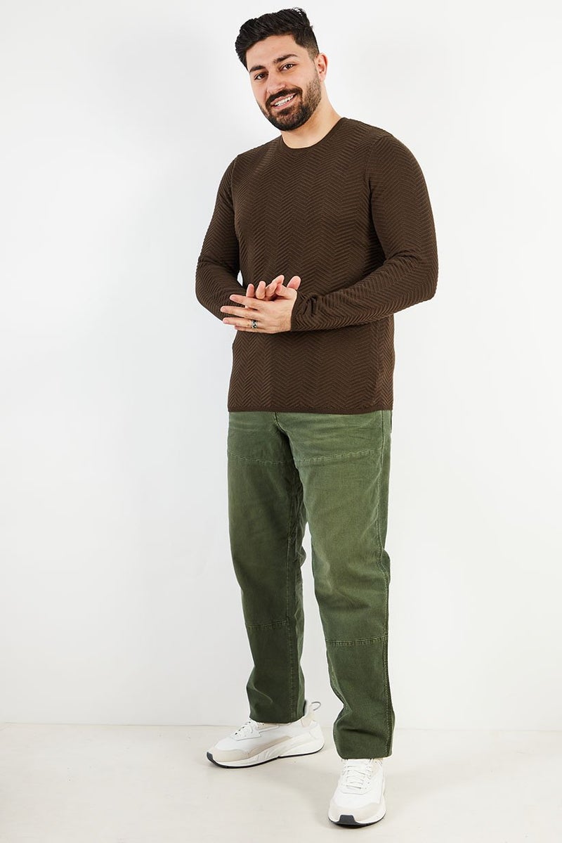 Men Crew Neck Long Sleeve Textured Sweater, Dark Khaki Brown
