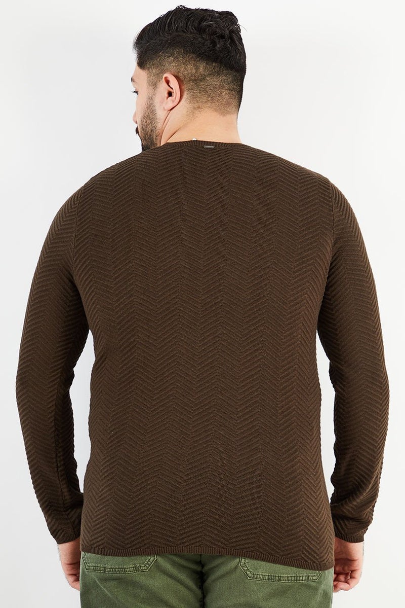 Men Crew Neck Long Sleeve Textured Sweater, Dark Khaki Brown