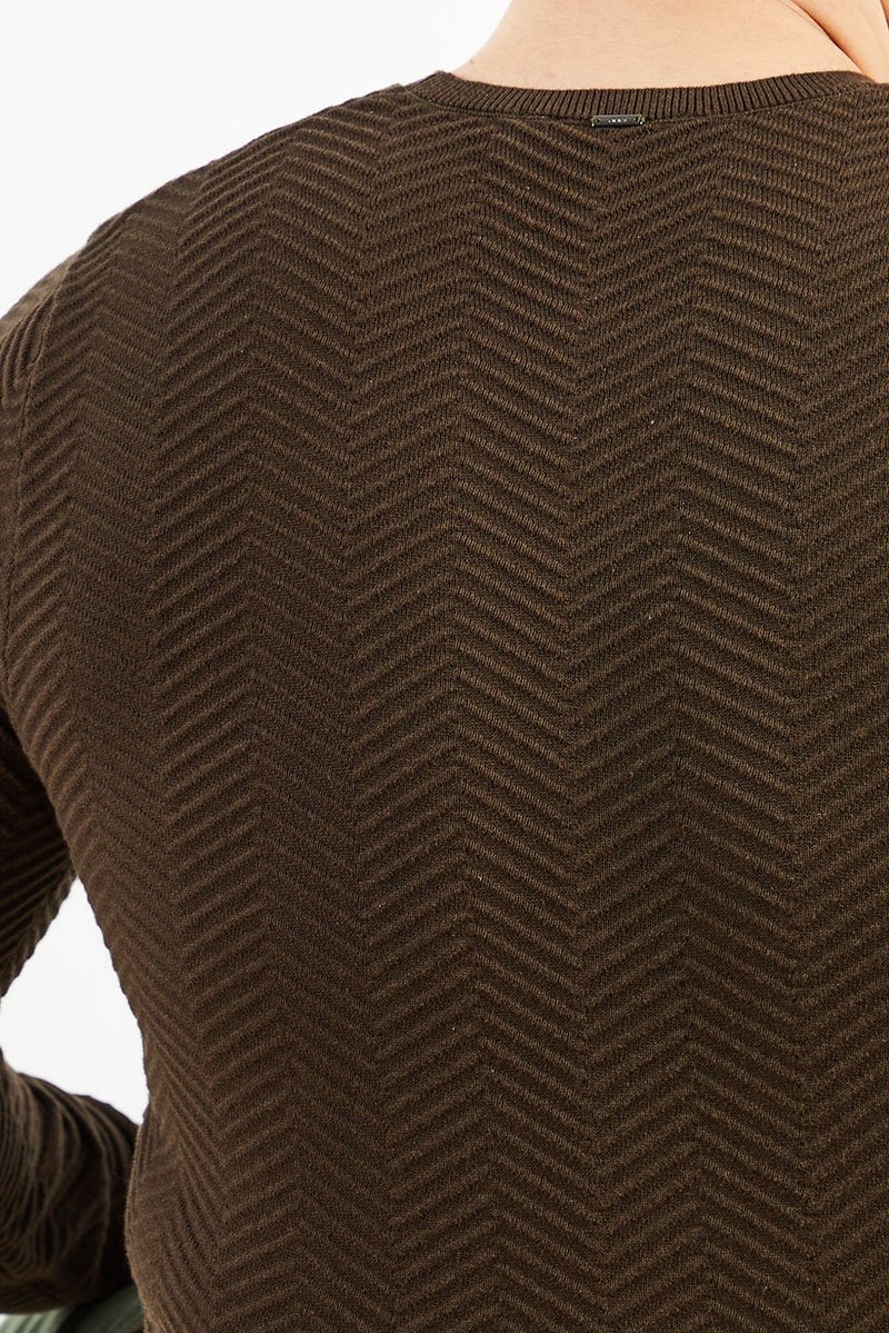 Men Crew Neck Long Sleeve Textured Sweater, Dark Khaki Brown