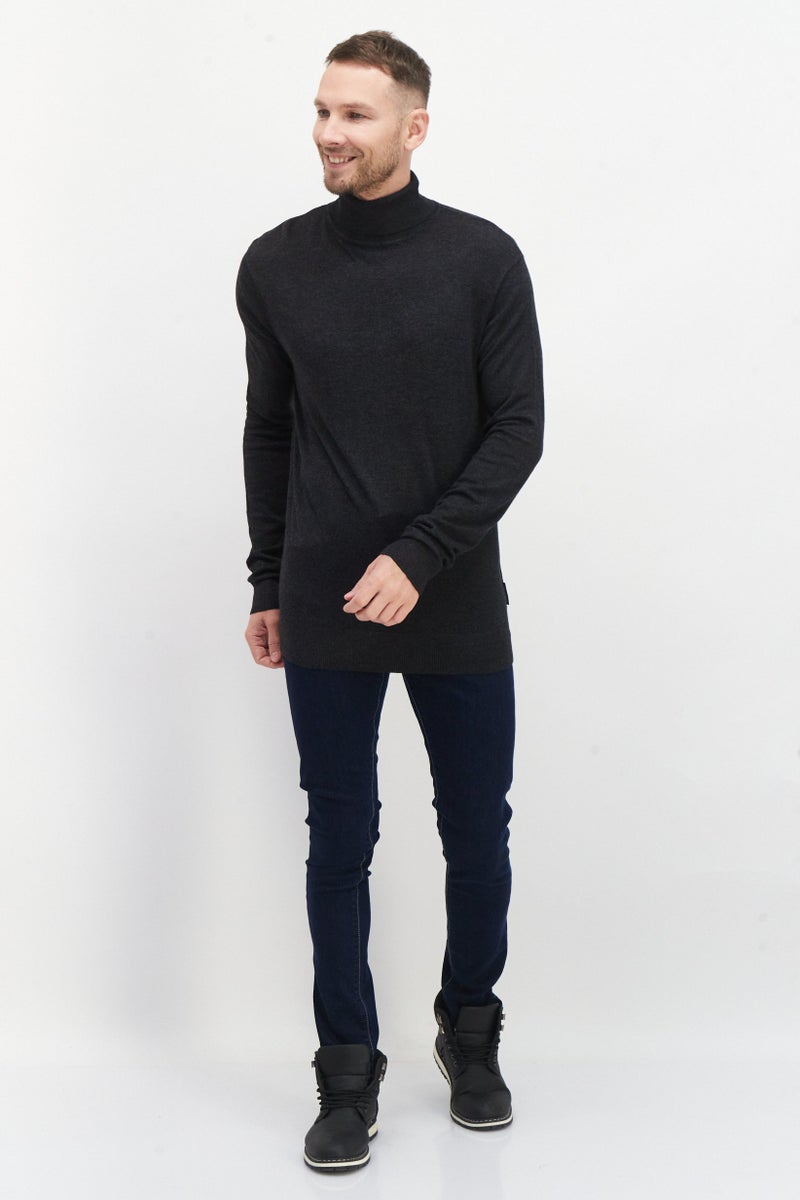 Men High Neck Long Sleeve Heather Sweater, Dark Grey