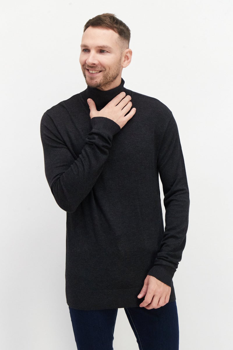 Men High Neck Long Sleeve Heather Sweater, Dark Grey