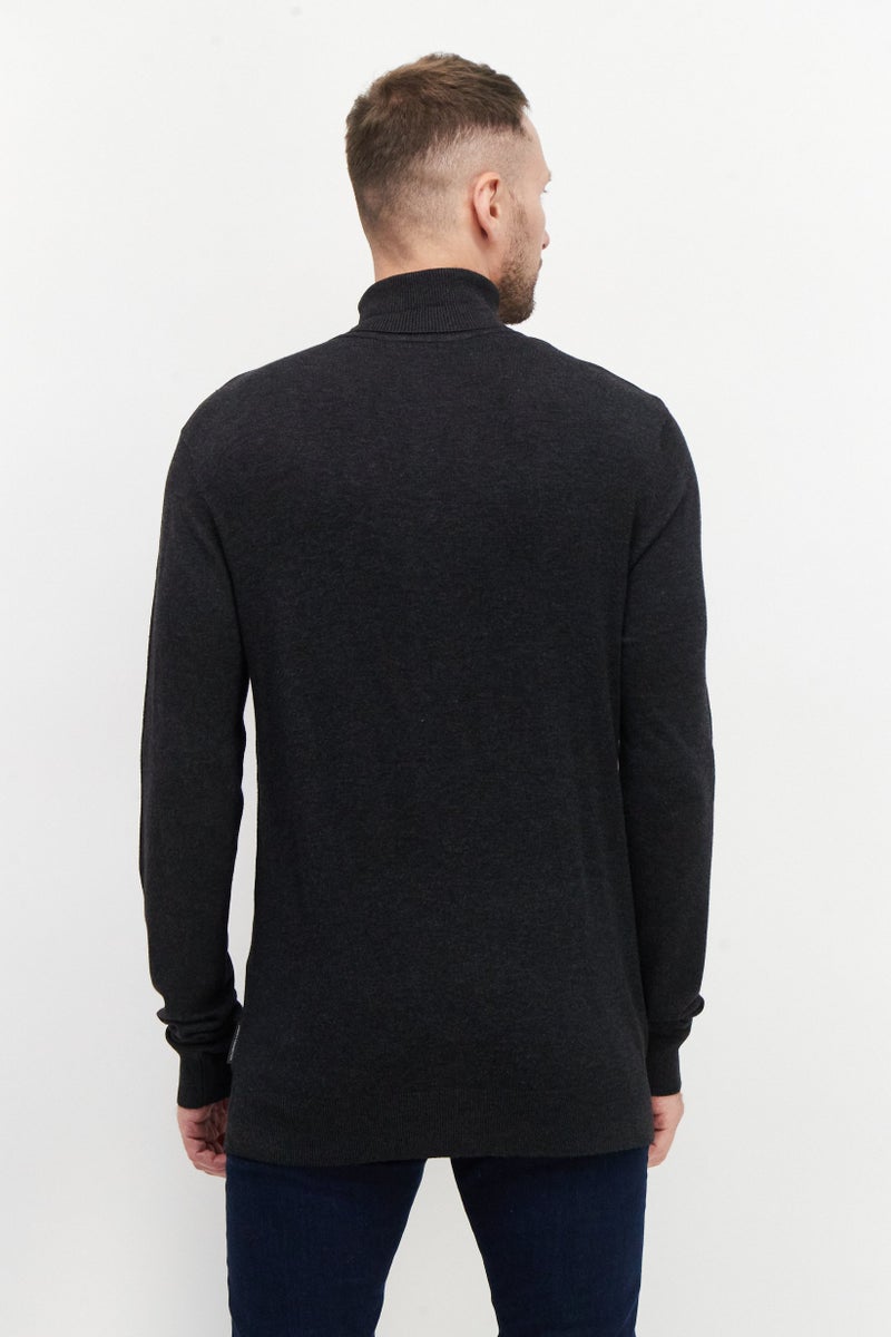 Men High Neck Long Sleeve Heather Sweater, Dark Grey