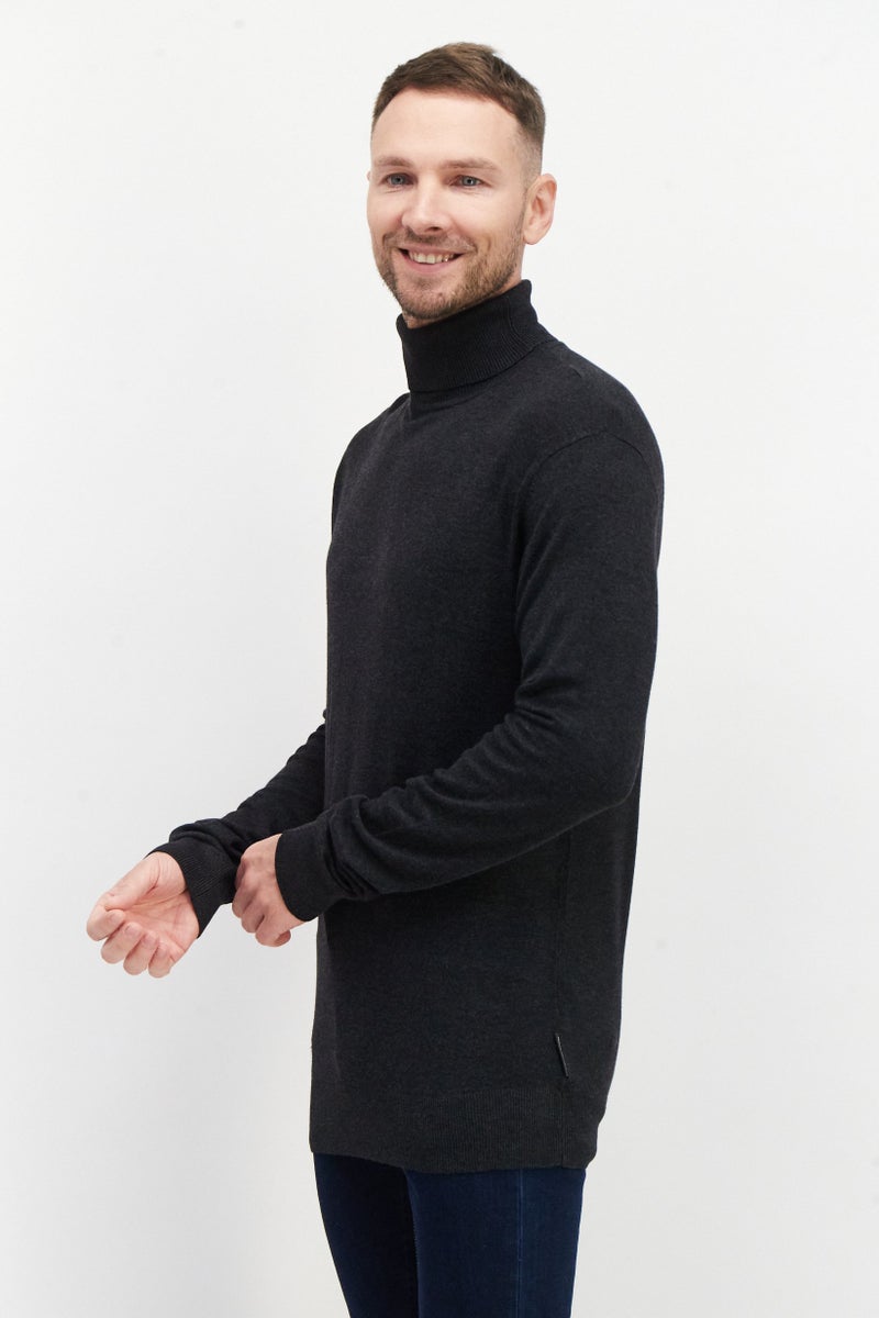 Men High Neck Long Sleeve Heather Sweater, Dark Grey