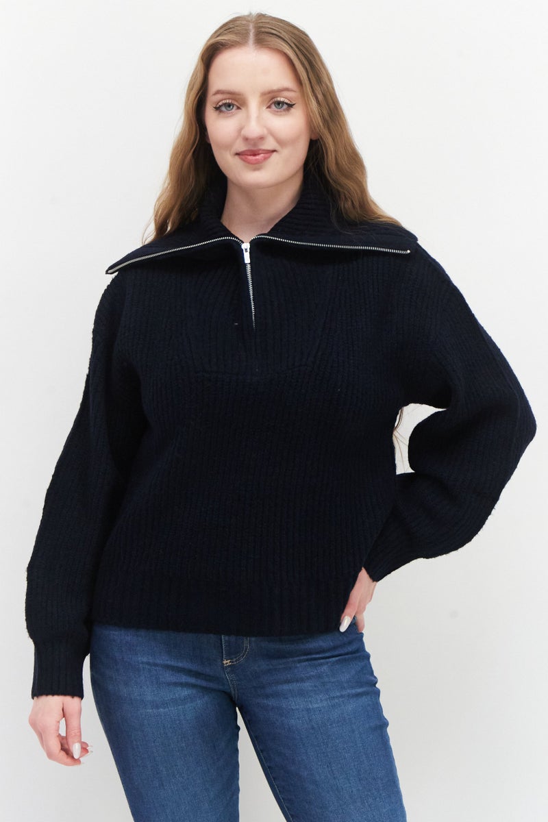 Women High Neck Long Sleeve Knitted Sweater, Dark Navy