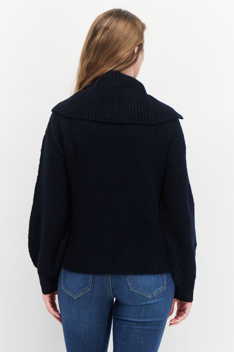 Women High Neck Long Sleeve Knitted Sweater, Dark Navy