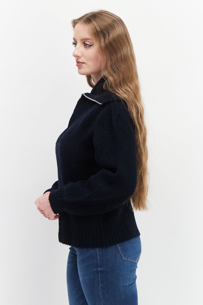 Women High Neck Long Sleeve Knitted Sweater, Dark Navy