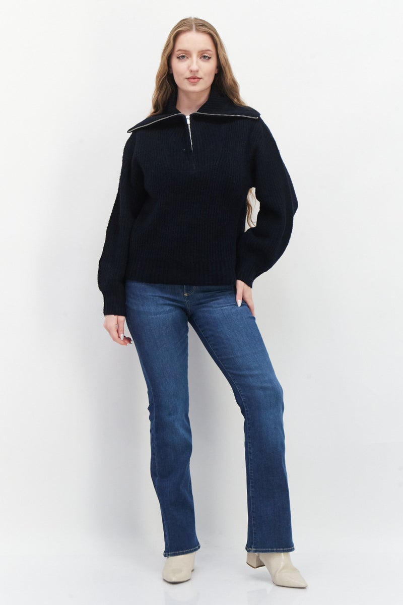 Women High Neck Long Sleeve Knitted Sweater, Dark Navy