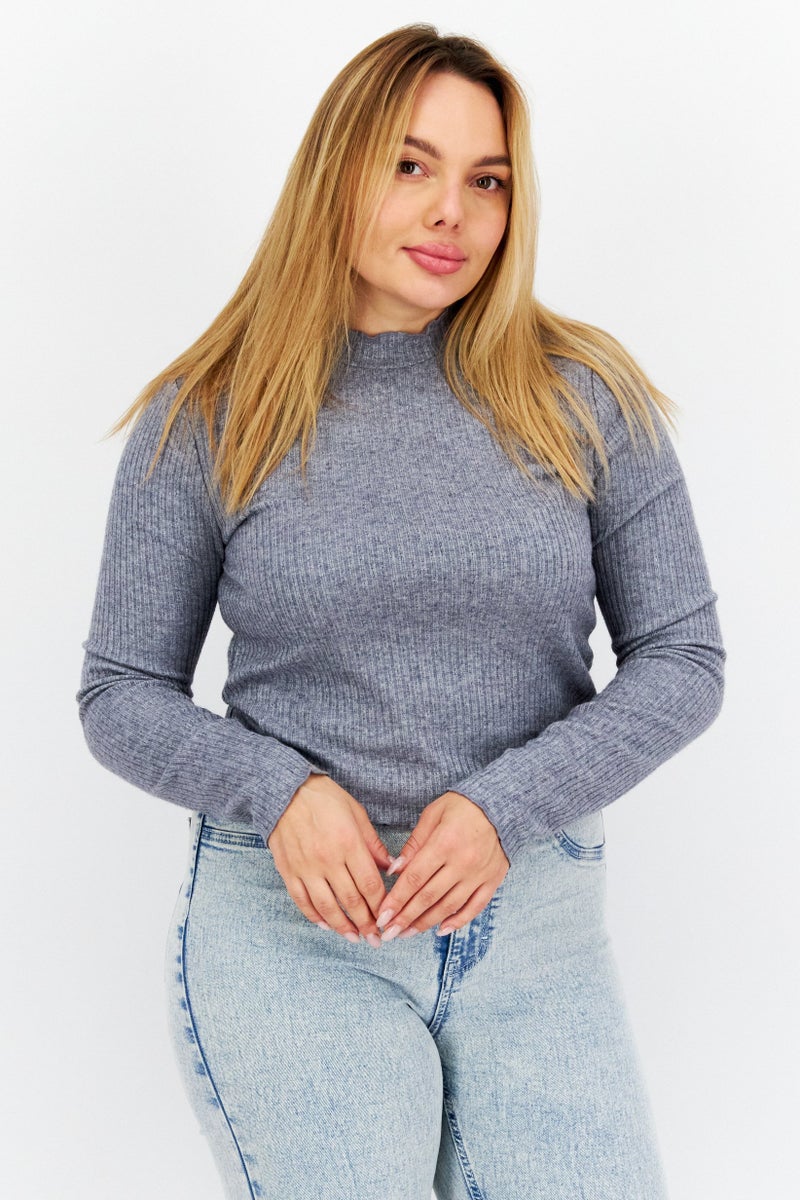 Women Ruffle Collar Heather Sweater, Heather Grey