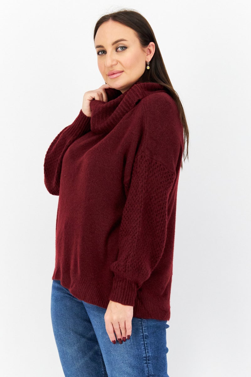 Women Plus Size Turtle Neck Knitted Sweater, Maroon