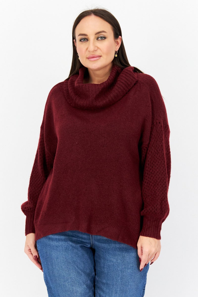 Women Plus Size Turtle Neck Knitted Sweater, Maroon