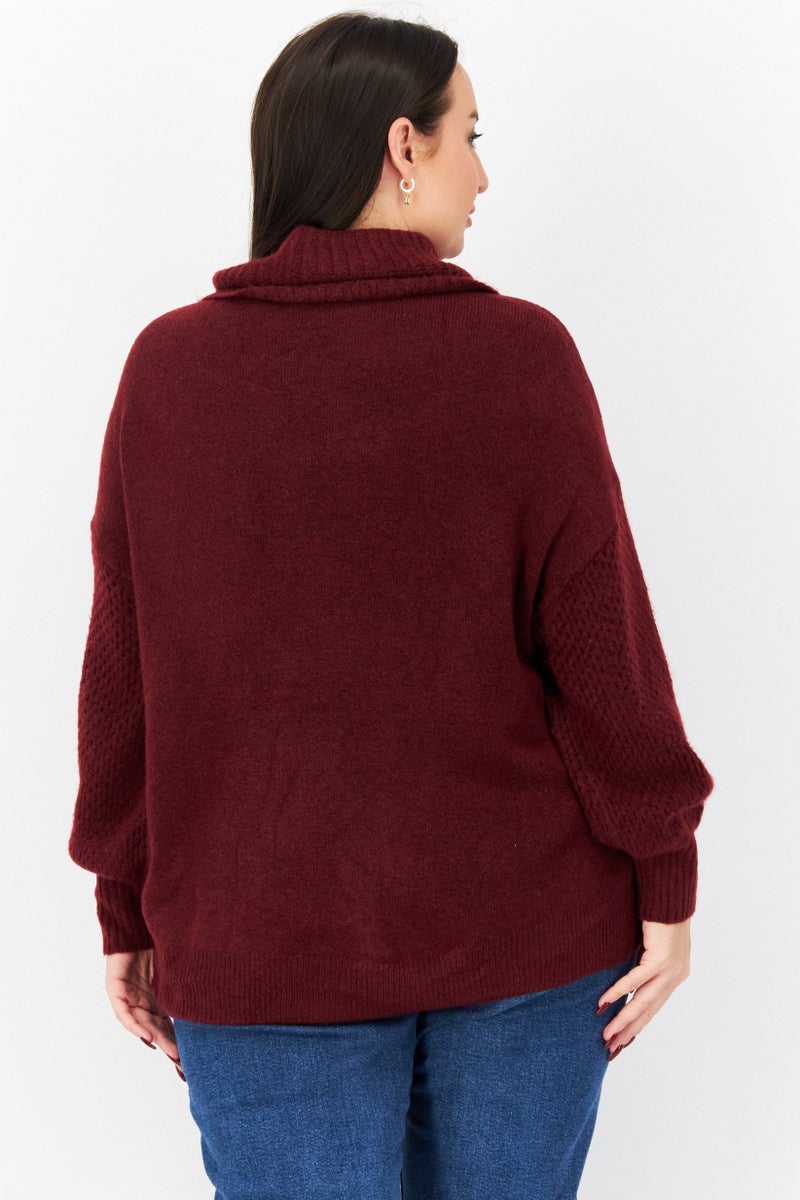 Women Plus Size Turtle Neck Knitted Sweater, Maroon