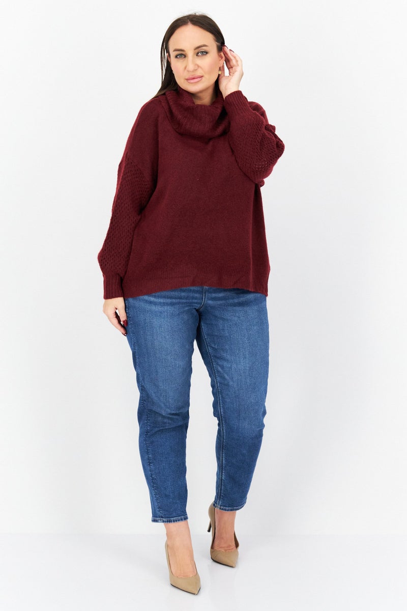 Women Plus Size Turtle Neck Knitted Sweater, Maroon