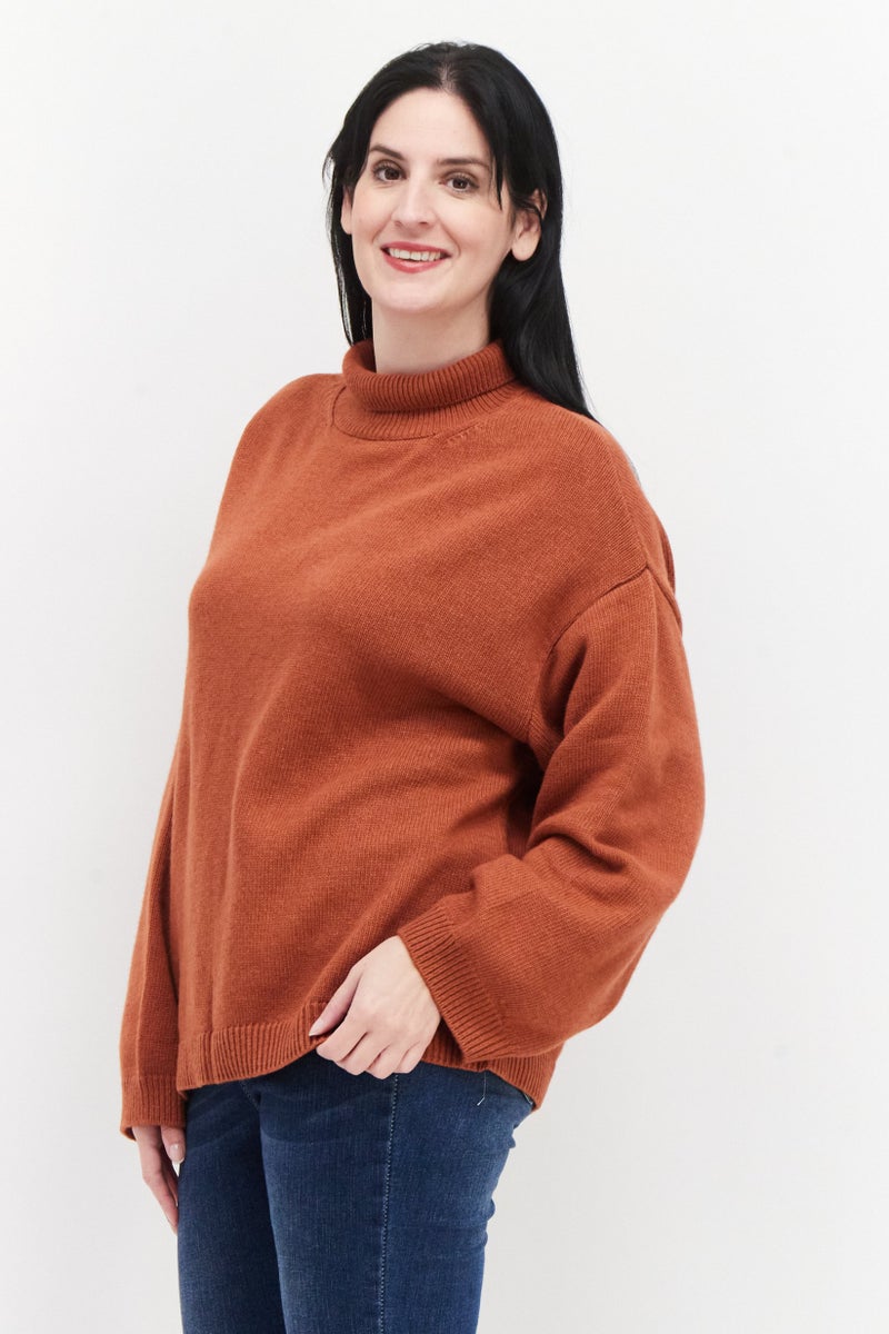 Women Mock Neck Long Sleeve Knitted Sweater, Dark Orange