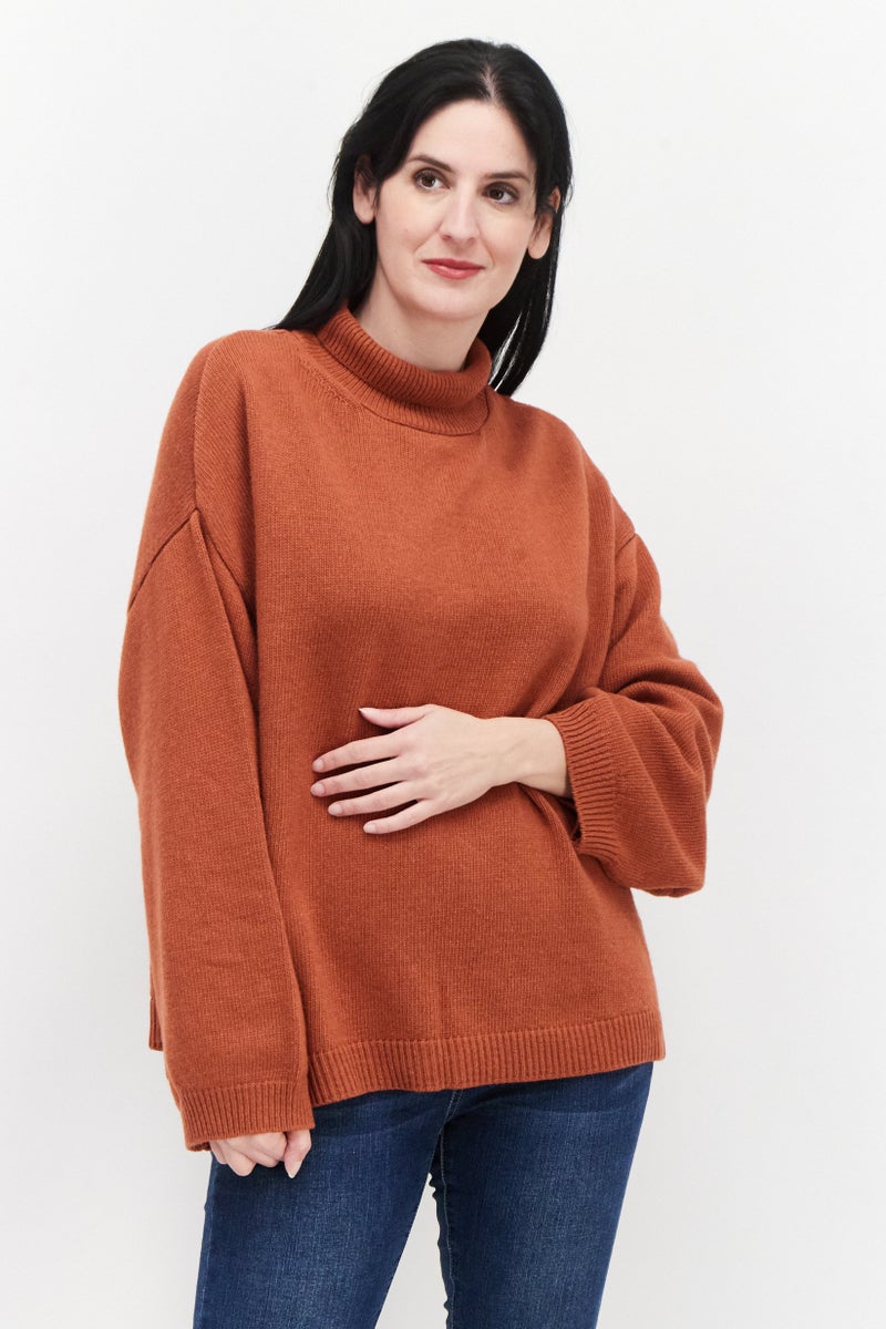 Women Mock Neck Long Sleeve Knitted Sweater, Dark Orange