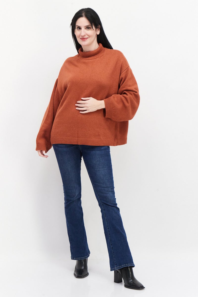 Women Mock Neck Long Sleeve Knitted Sweater, Dark Orange