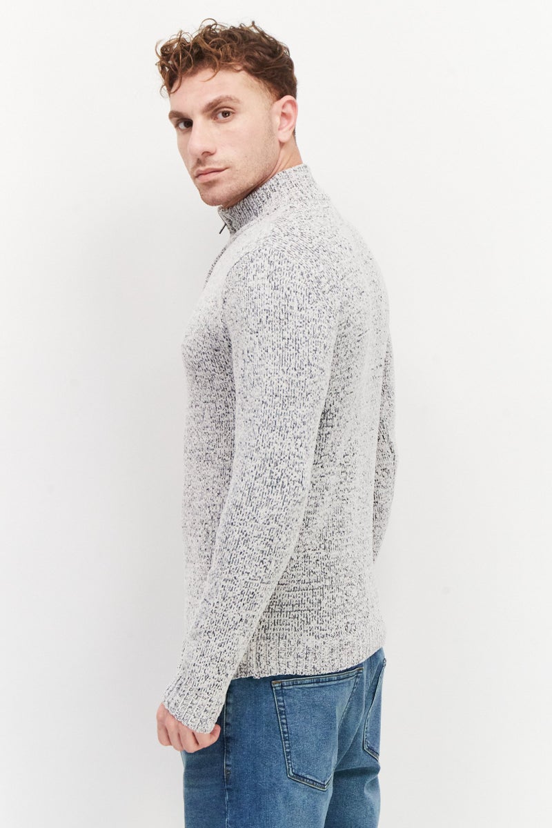 Men Mock Neck Textured Half Zipper Sweater, White