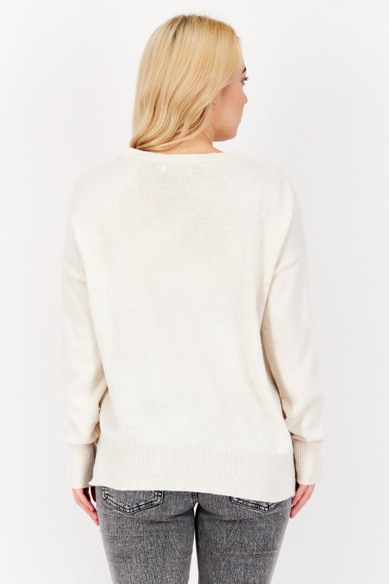 Women V Neck Knitted Sweaters, White