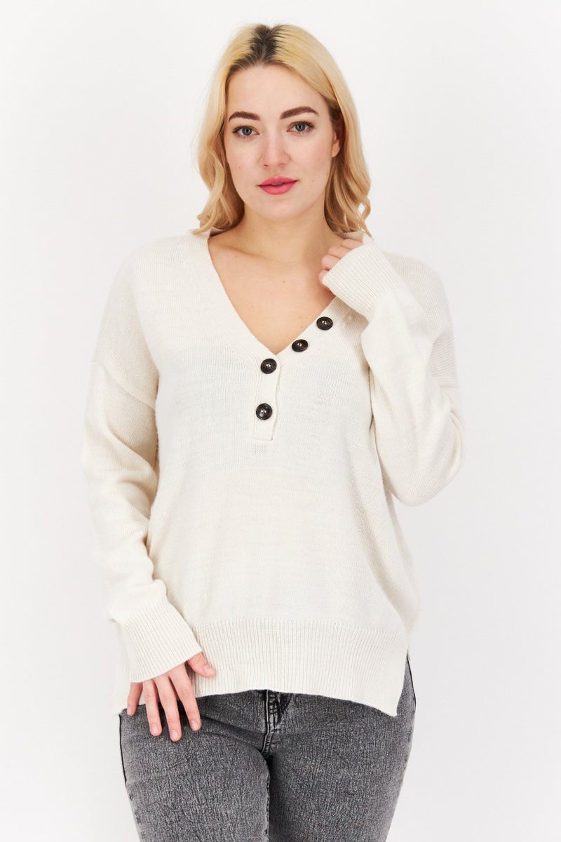 Women V Neck Knitted Sweaters, White