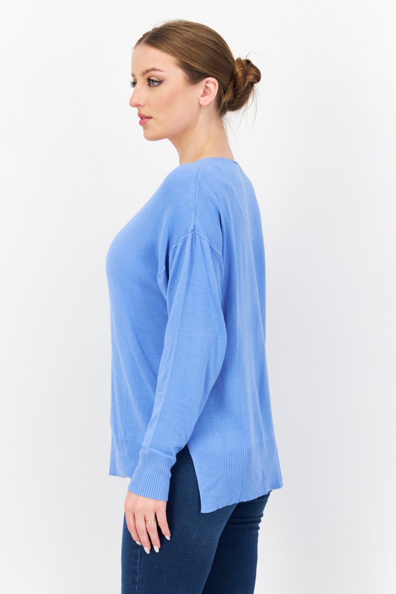 Women V Neck Long Sleeve Plain Sweater, Blue