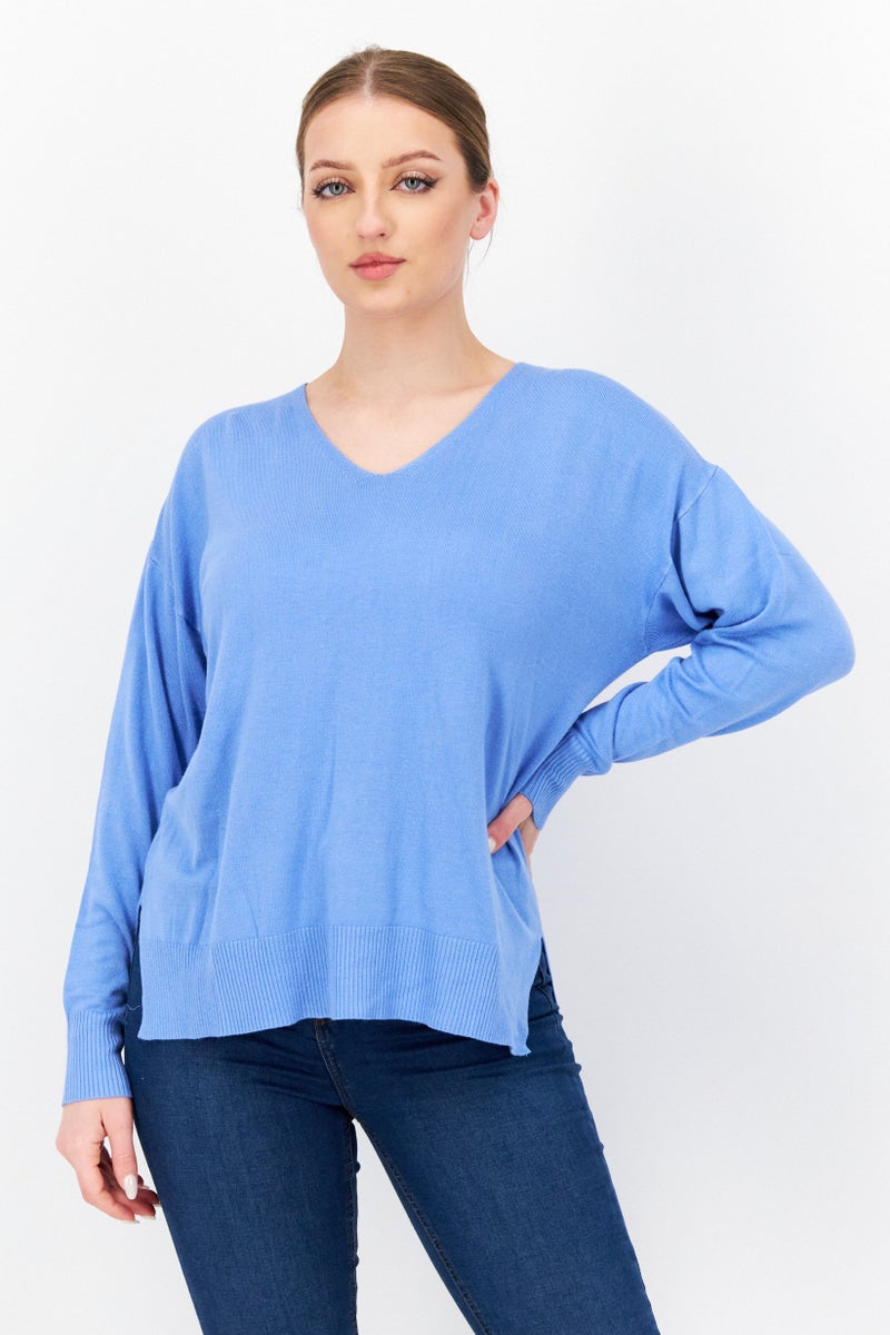 Women V Neck Long Sleeve Plain Sweater, Blue
