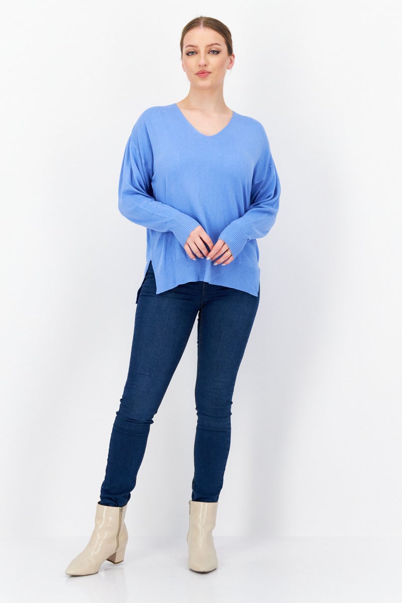 Women V Neck Long Sleeve Plain Sweater, Blue