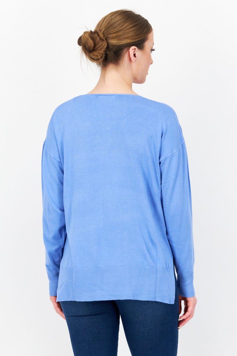 Women V Neck Long Sleeve Plain Sweater, Blue