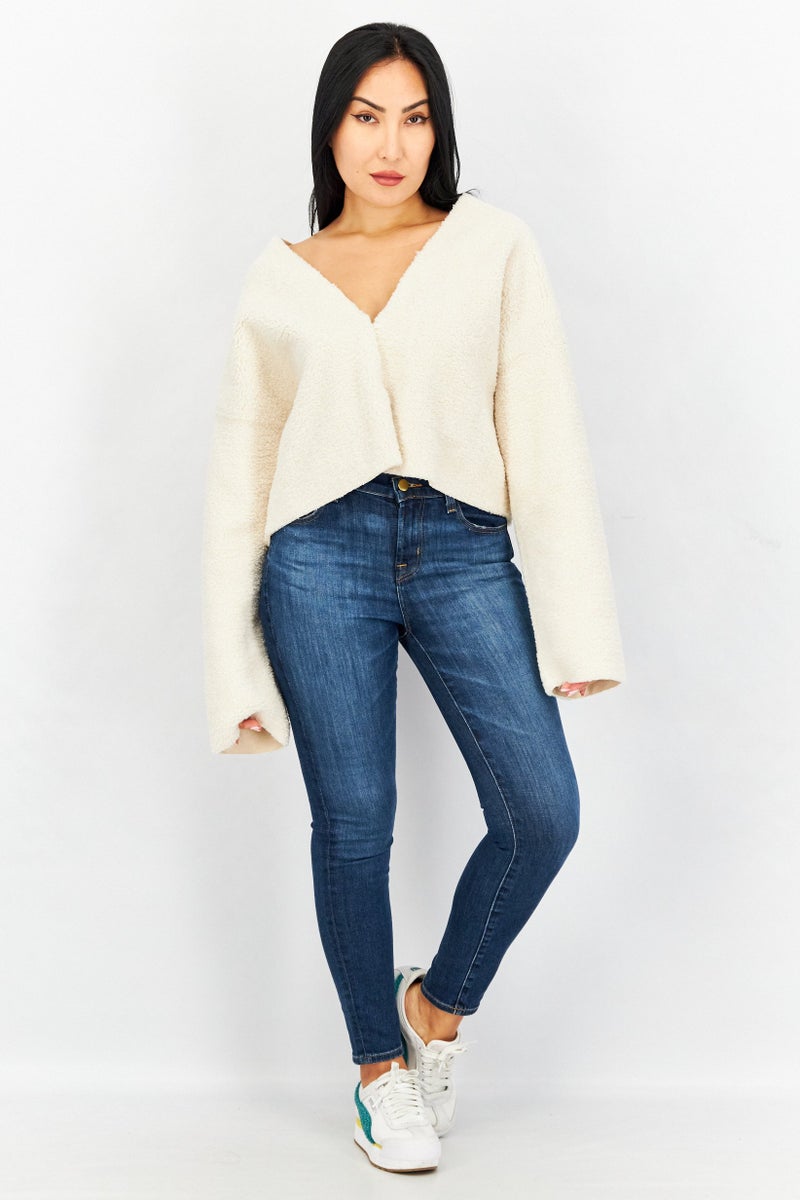 Women V-Neck Long Sleeve Textured Sweater, Off White