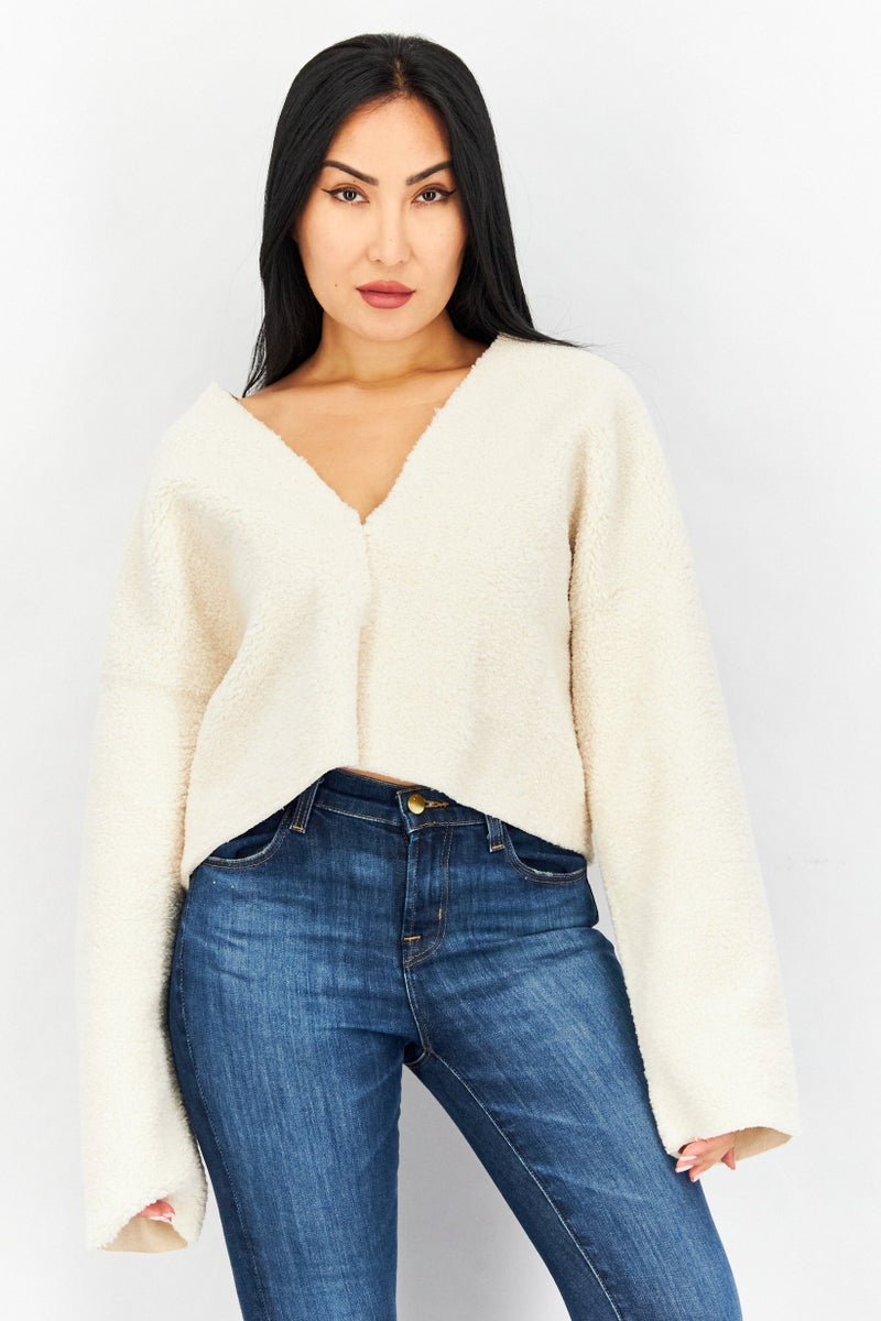 Women V-Neck Long Sleeve Textured Sweater, Off White