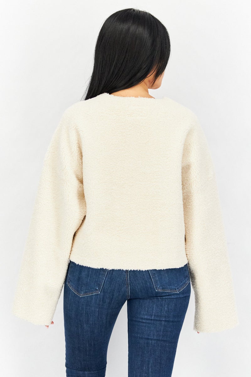 Women V-Neck Long Sleeve Textured Sweater, Off White