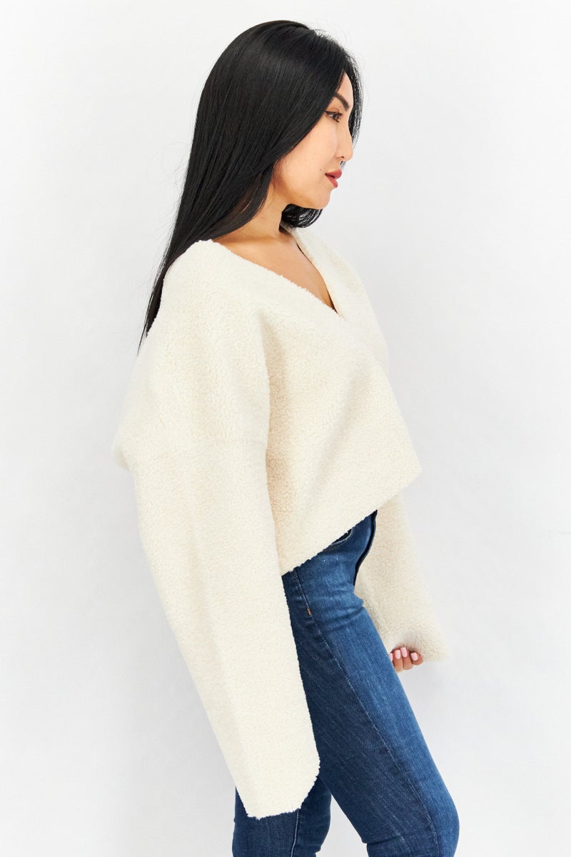 Women V-Neck Long Sleeve Textured Sweater, Off White